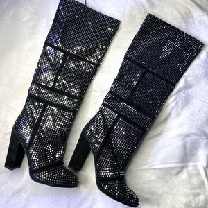 Akira Knee High Silver Sequin Boots